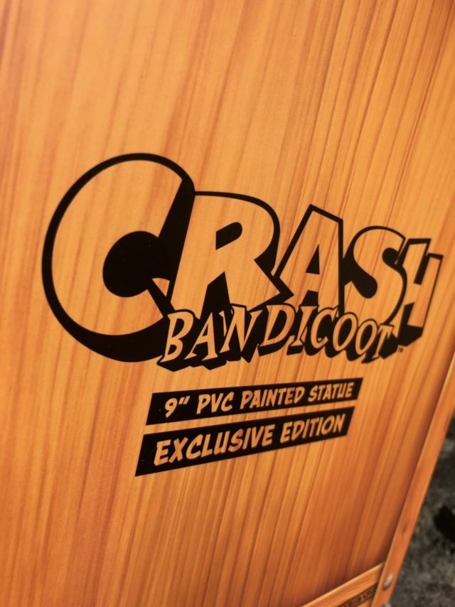 Close-Up of First4Figures Crash Bandicoot Statue Exclusive Crate Box Packaging